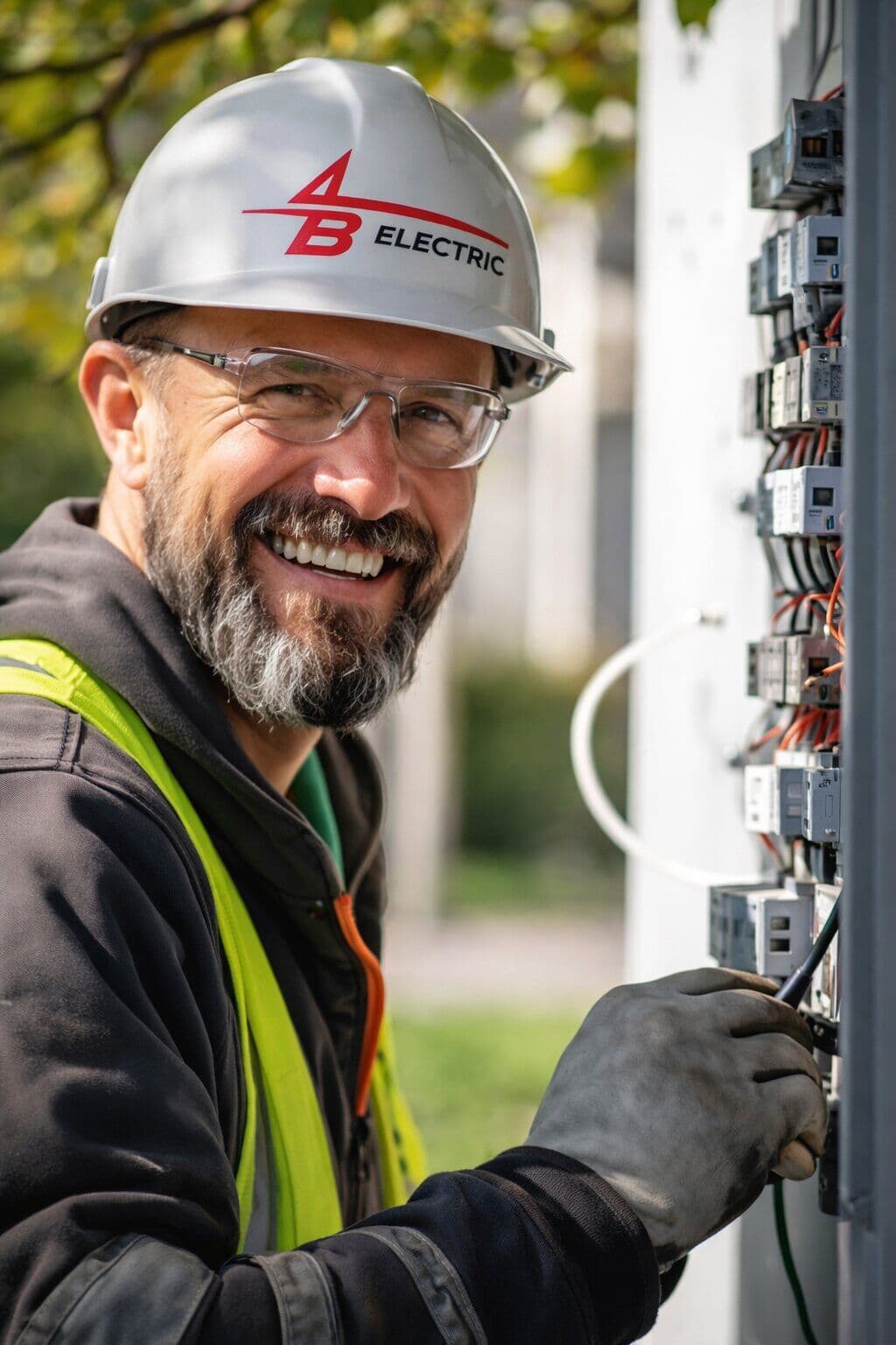 Electrician wearing safety glasses beside an open switchboard