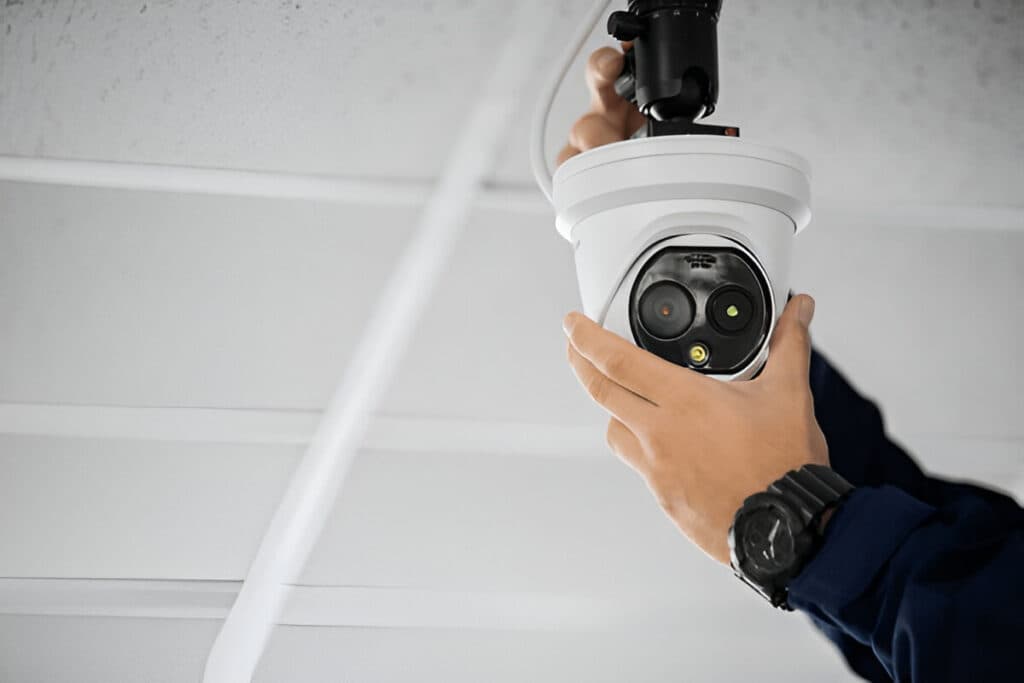 Hands mounting a dome CCTV camera beneath a ceiling